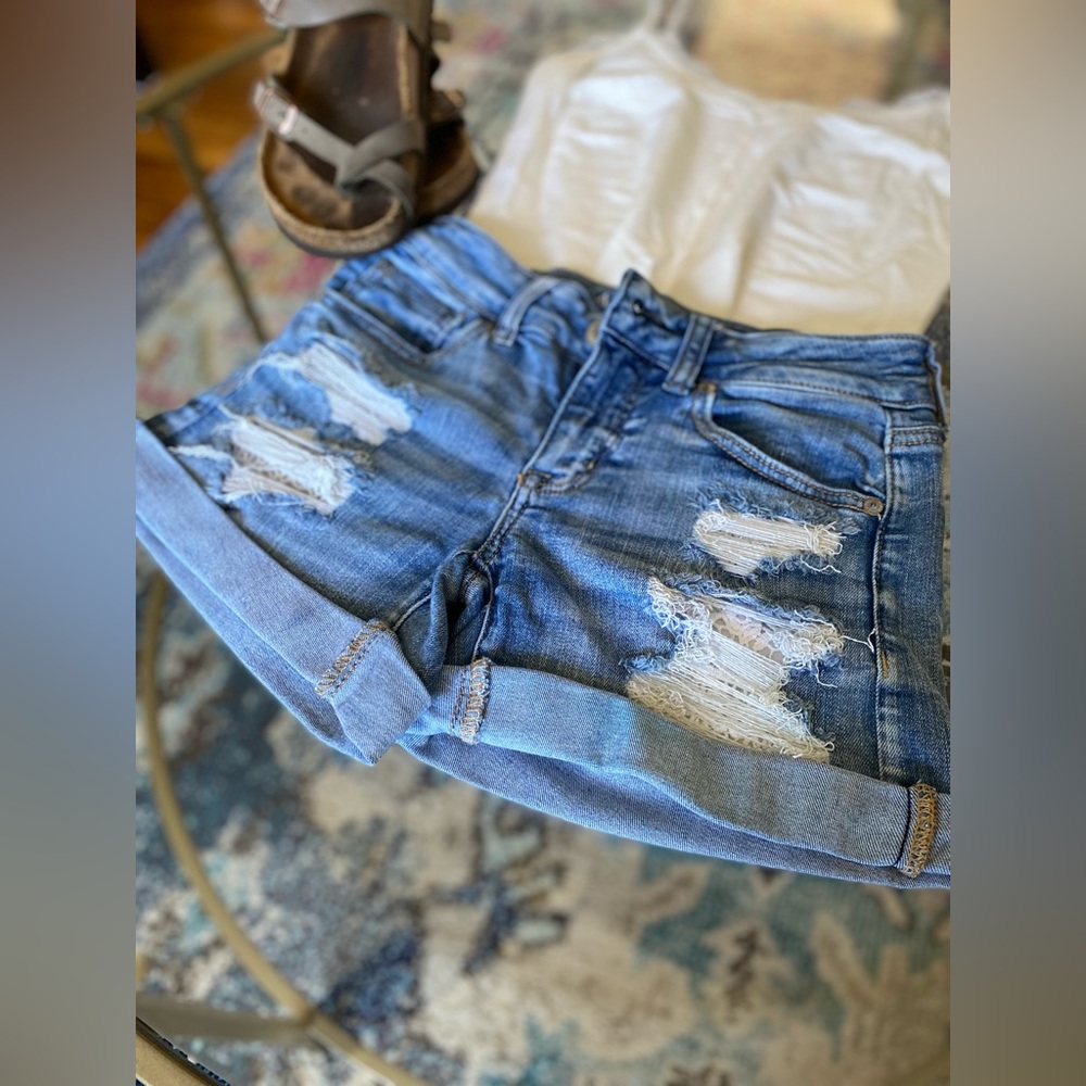 American Eagle Next Level Stretch Distressed Jean Shorts, Light Wash - Midi